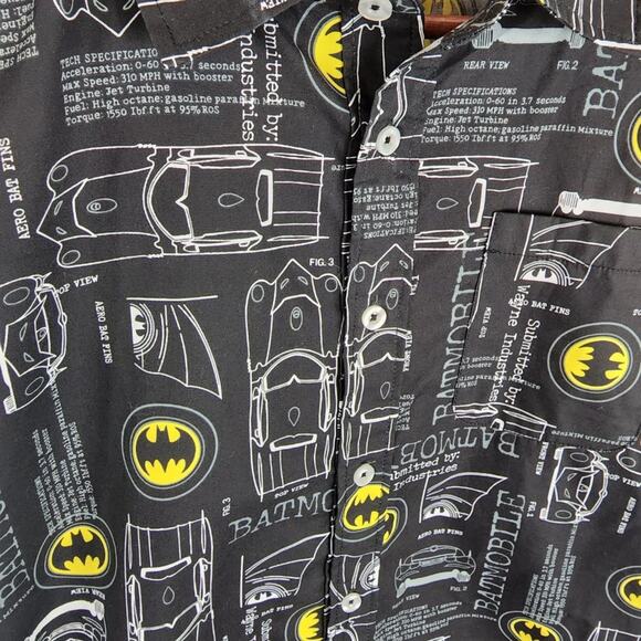 DC Comics Batman Shirt Kids XL Black Batmobile Diagram Button-up Short Sleeve - Picture 2 of 5